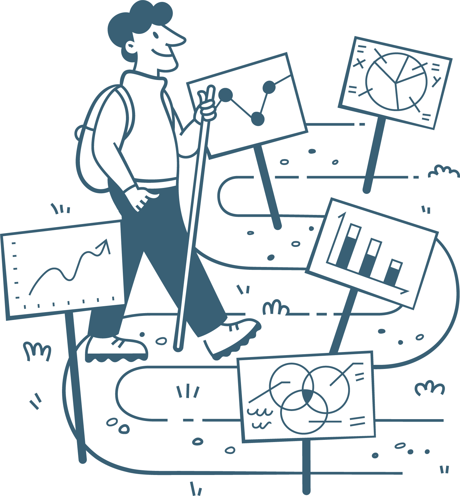 Illustration of a person hiking on a winding path surrounded by signs displaying graphs.