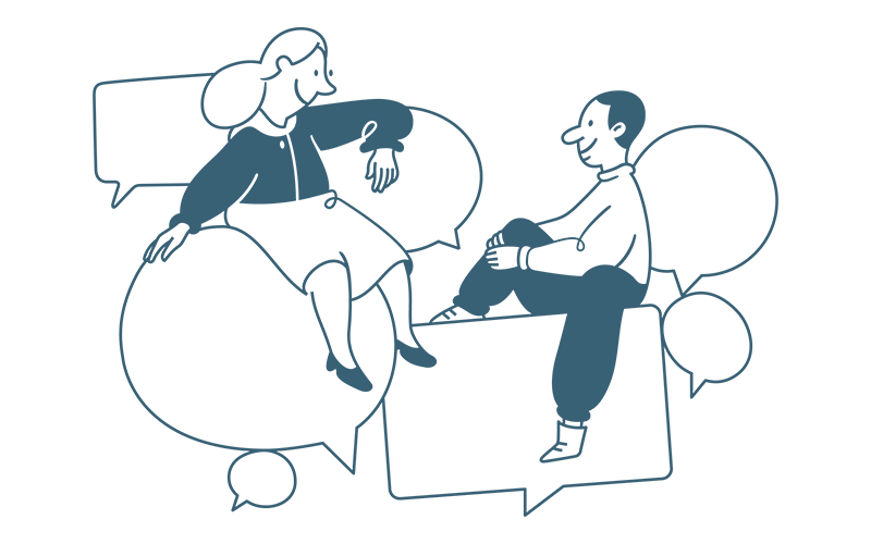 Illustration of a woman and man sitting on empty speech bubbles facing each other.