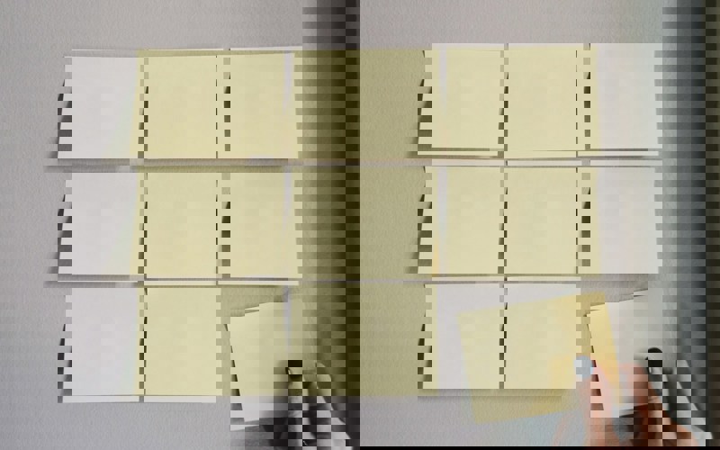 Nine sticky notes stuck to the wall in a grid