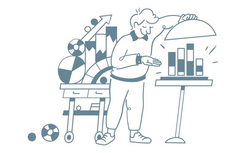 Illustration of a man lifting a covered plate to reveal a bar chart.