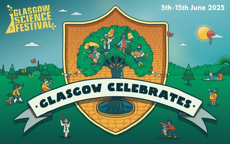 Glasgow Science Festival illustrated artwork, featuring people, a tree and a banner reading