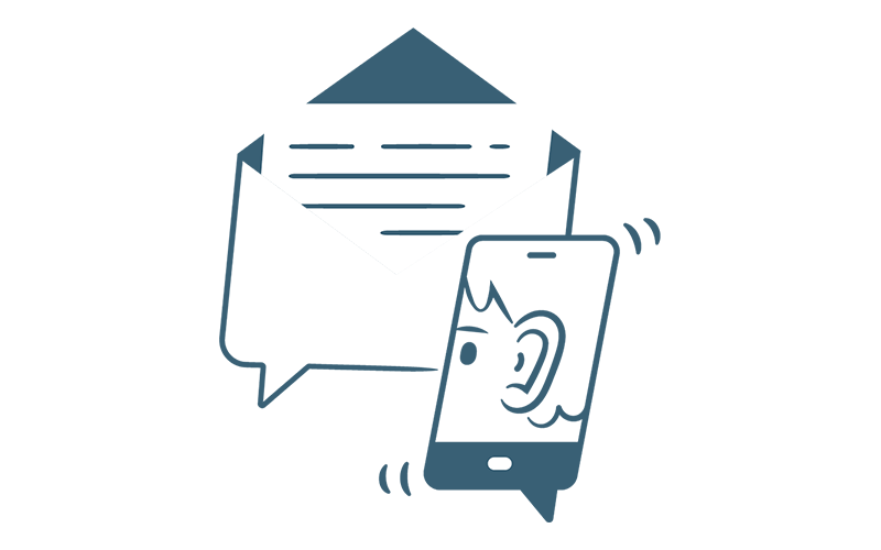 Illustration of an envelope with a letter sticking out and a mobile phone with a person