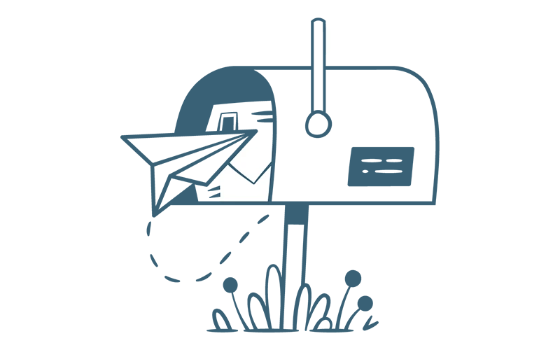 Illustration of a paper plane flying into an open mailbox.