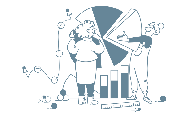 Illustration of two people helping each other assemble a giant pie chart.