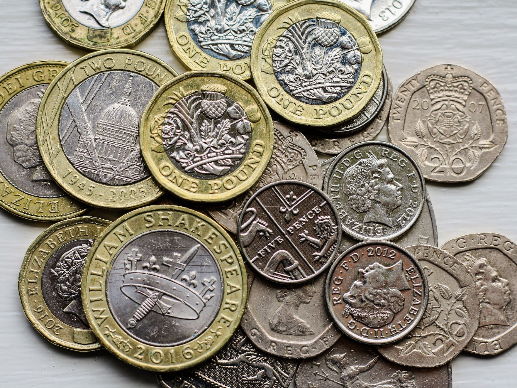 A selection of British coins viewed from above