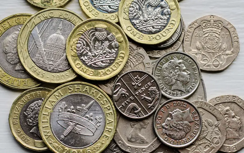 A selection of British coins viewed from above
