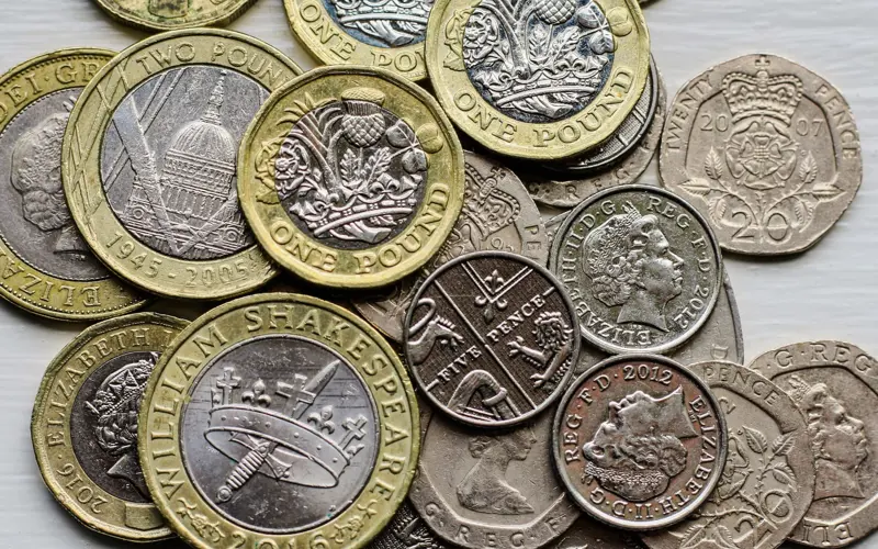 A selection of British coins viewed from above