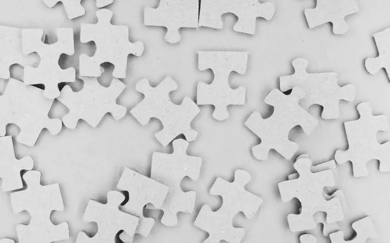 Plain jigsaw puzzle pieces viewed from above