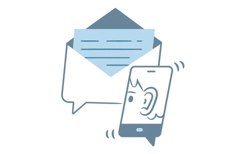 Illustration of an envelope with a letter sticking out and a mobile phone with a person