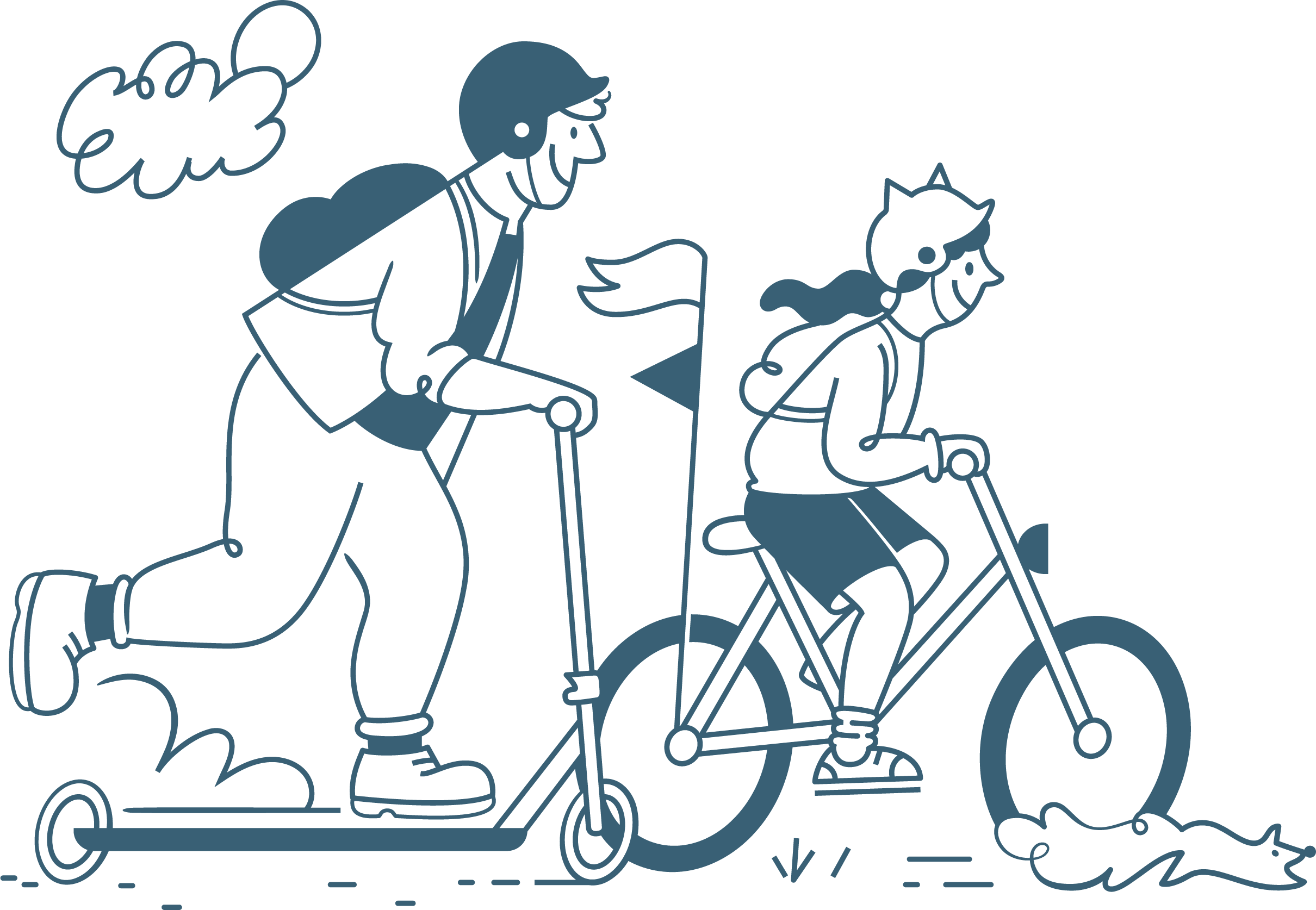 Illustration of a person riding a scooter and a person riding a bike.