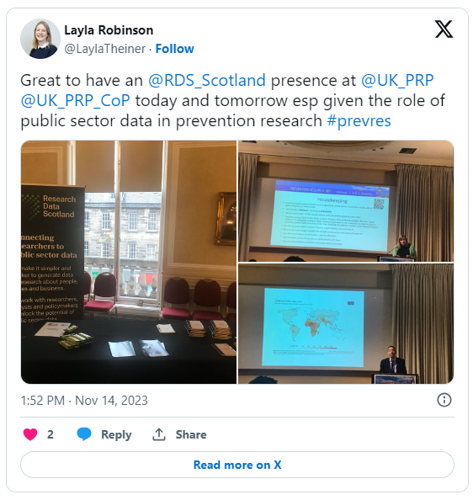 Screenshot of an X (Twitter) post from Layla Robinson about UK PRP Conference