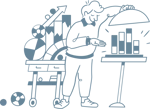 Illustration of a man lifting a covered plate to reveal a bar chart.