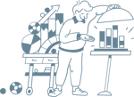 Illustration of a man lifting a covered plate to reveal a bar chart.