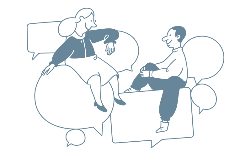 Illustration of a woman and man sitting on empty speech bubbles facing each other.