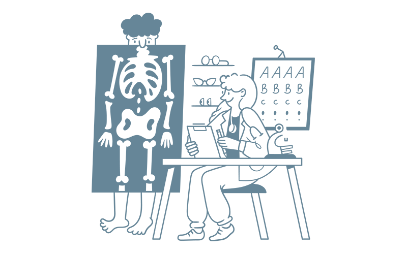 Illustration of a woman with a stethoscope and clipboard looking at a man standing behind an x-ray screen.