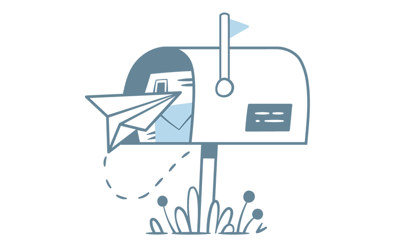 Illustration of a paper plane flying into an open mailbox.