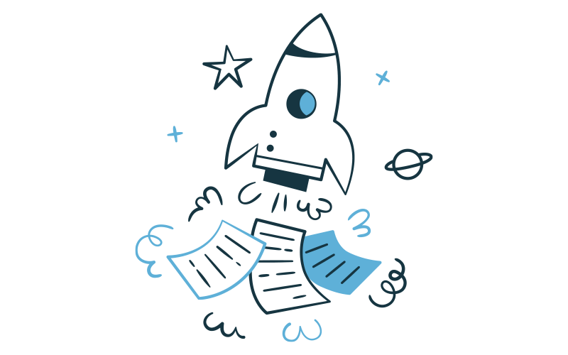 Illustration of a rocket blasting off over sheets of paper.