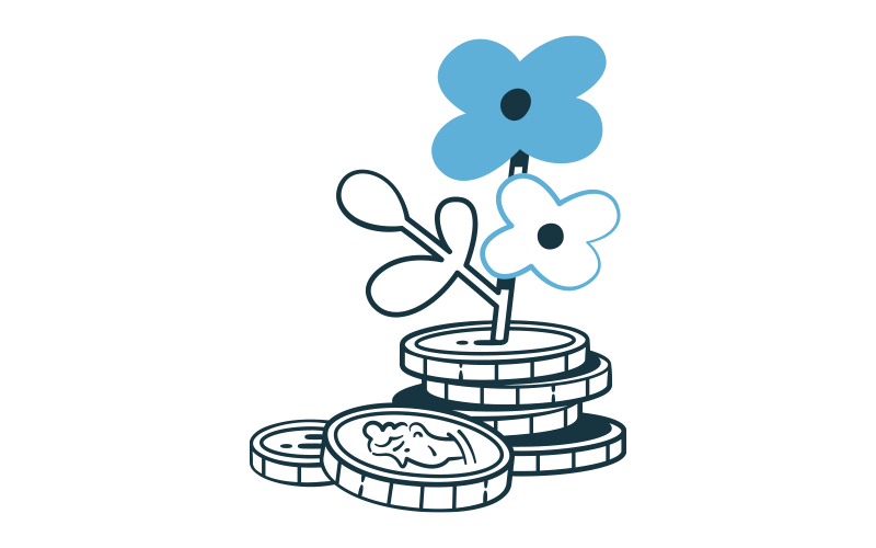 Illustration of a flower growing out of a stack of coins.