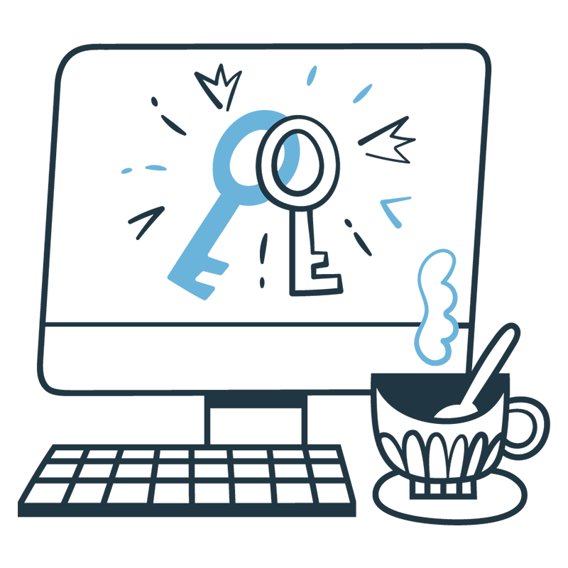 Illustration of a desktop computer with two keys on the screen.