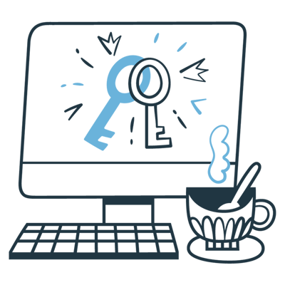 Illustration of a desktop computer with two keys on the screen.