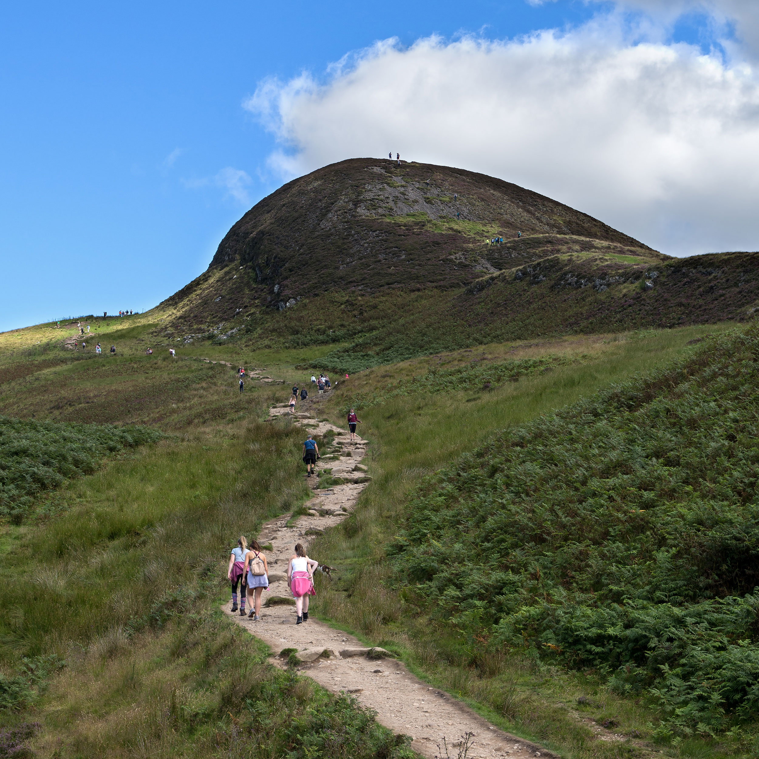 People walking up a path leading around and up a green hill under a blue sky.