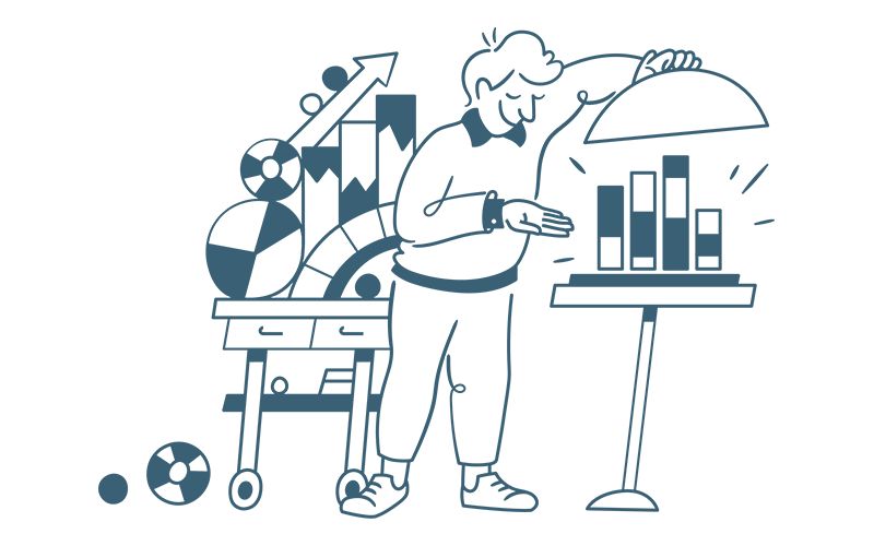 Illustration of a man lifting a covered plate to reveal a bar chart.