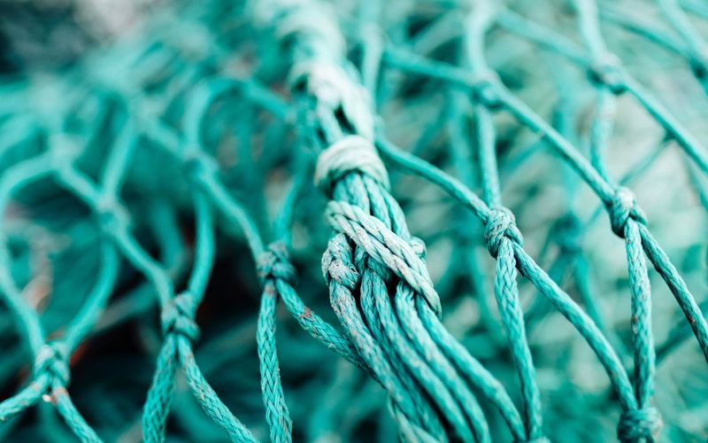 Close up photo of a blue fishing net