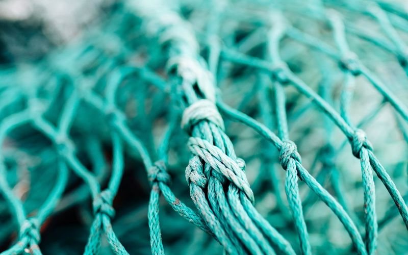 Close up photo of a blue fishing net