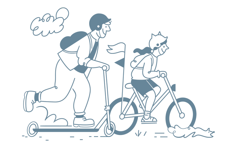 Illustration of a person riding a scooter and a person riding a bike.