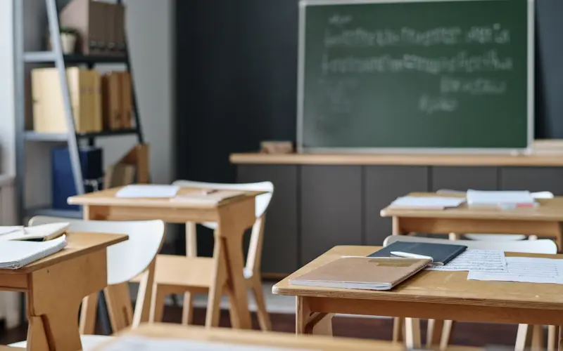 Classroom scene with desks facing towards a chalkboard. 
