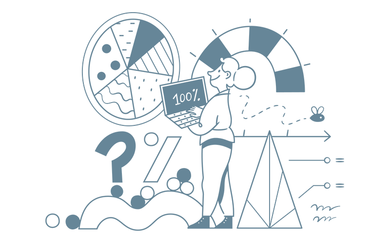 Illustration of a standing woman holding a laptop surrounded by different types of graphs and symbols.